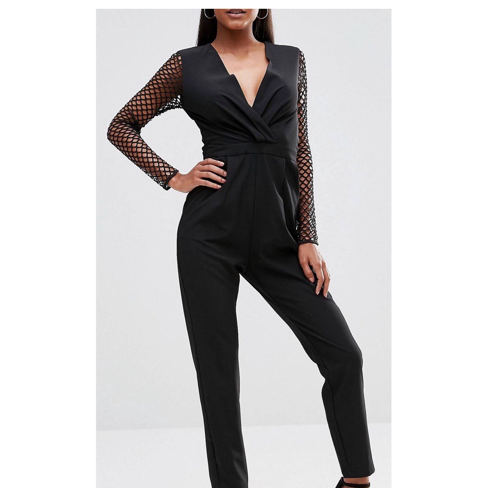 NaaNaa Tuxedo Plunge Jumpsuit w/ Mesh Sleeves